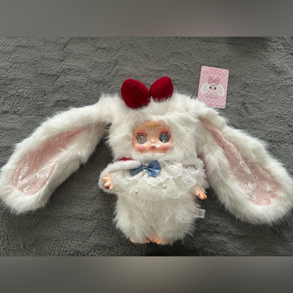 Cute White Bunny Plush Doll with Pink Ears and Blue Bow - Kids Toys
